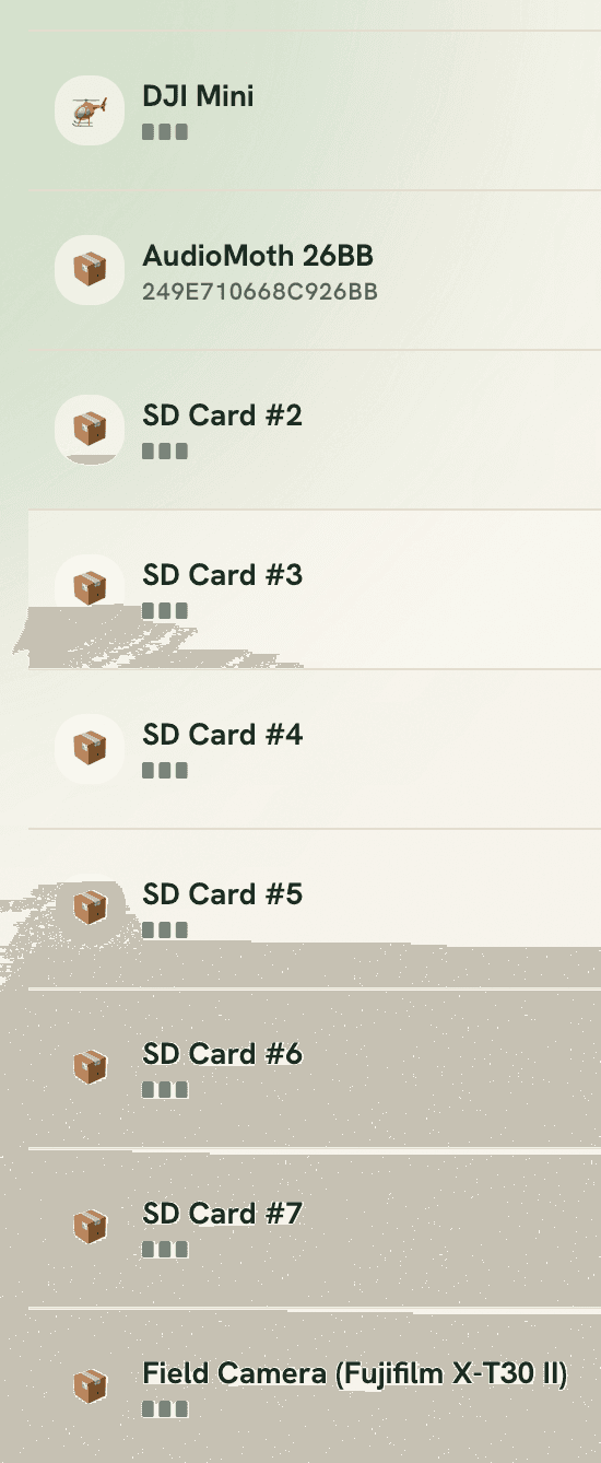 The equipment list at narrow width, showing In storage wrapped onto a second line inside each status badge.