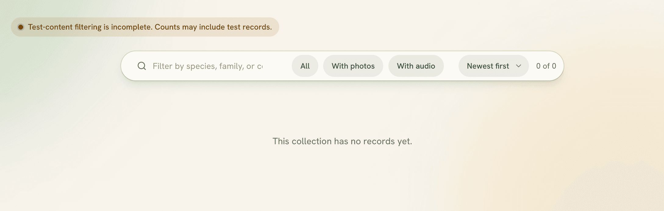 The observations toolbar with All, With photos and With audio filters. With audio carries no selected fill, and the counter reads 0 of 0.